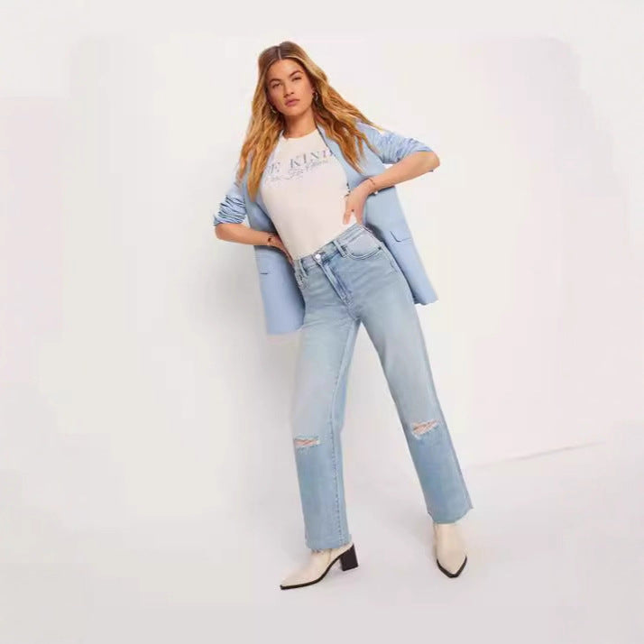 Damen Weite High-Waist Jeans mit Destroyed-Optik