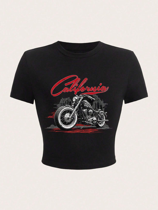 Damen Kurzarm T-Shirt mit auffälligem Motorrad-Design R&B