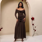 Damen Maxikleid mit schulterfreier Silhouette und dekorativen Rosen R&B