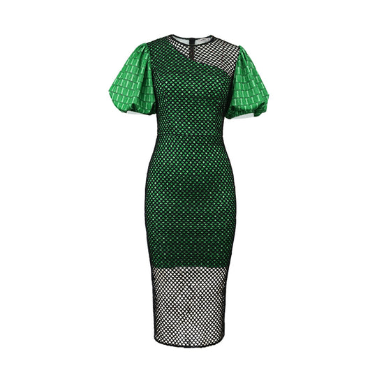 Damen figurbetontes Kleid mit innovativem Netzdesign und voluminösen Puffärmeln R&B