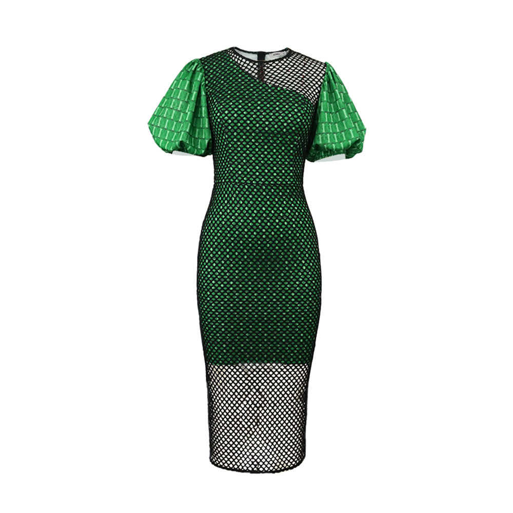 Damen figurbetontes Netzkleid mit Puffärmeln R&B