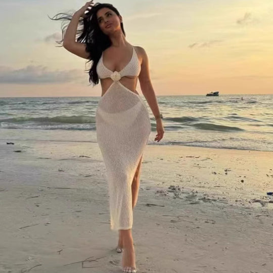 Damen Transparentes Strandkleid mit tiefem V-Ausschnitt R&B