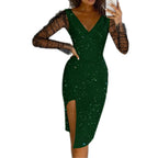 Damen elegantes Abendkleid mit transparenten Ärmeln und seitlichem Schlitz R&B
