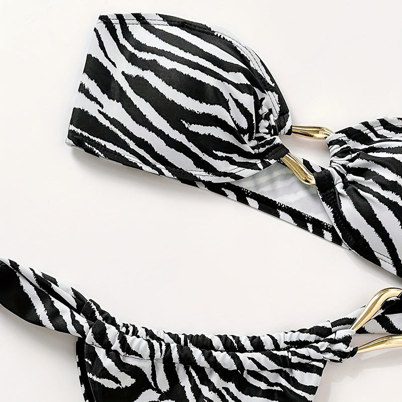 Damen Bandeau-Bikini mit hochwertigem Gold-Detail und elastischem Schnitt R&B