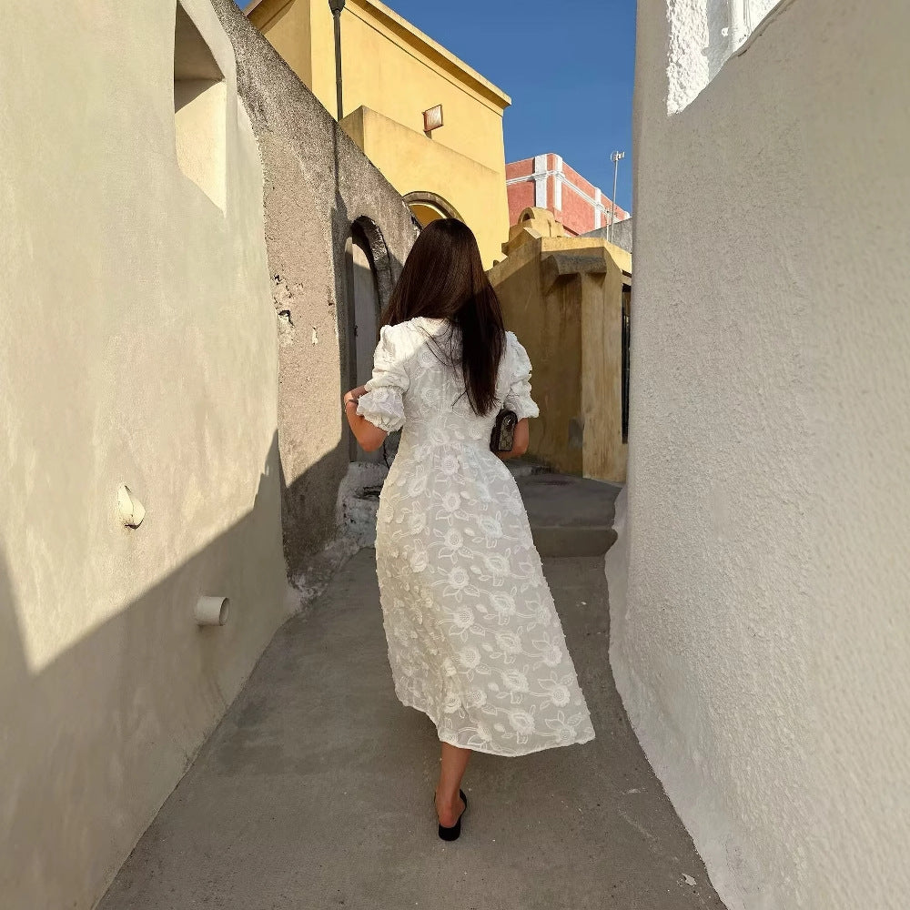Damen Maxikleid mit floralem Bestickungsdesign und eleganten Puffärmeln R&B