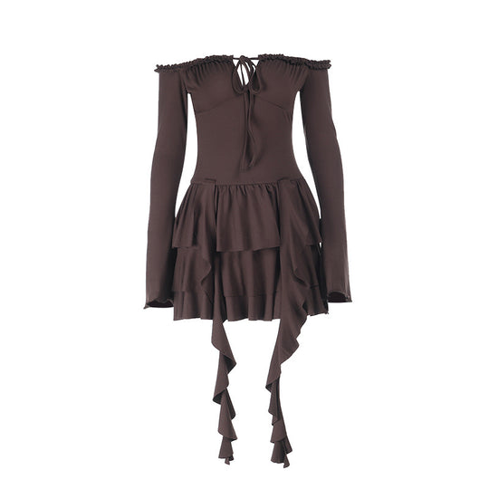 Damen elegantes Kleid mit Rüschendetails und langen Ärmeln R&B