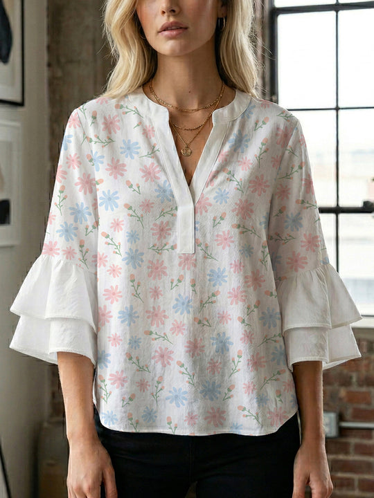 Damen Bluse mit voluminösen Flügelärmel und intensivem Blattmuster R&B