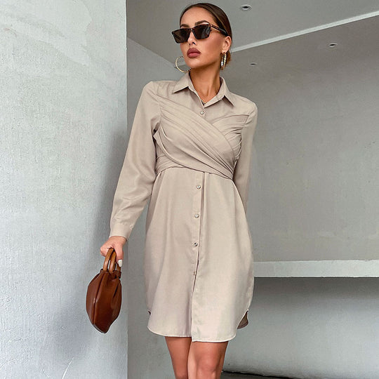 Damen Hemdblusenkleid mit eleganter Wickeloptik und modischen Knöpfen R&B