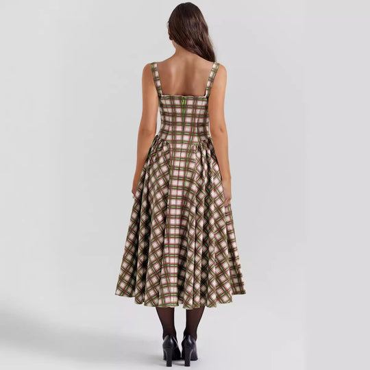Damen Midikleid im Karomuster mit strukturiertem Oberteil und voluminösem Rock R&B