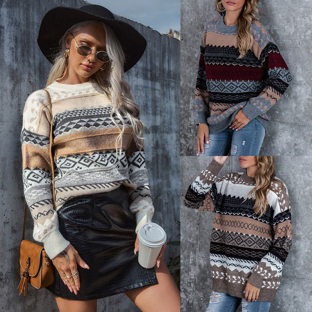 Damen Grobstrickpullover mit ethnischem Muster und weitem Schnitt