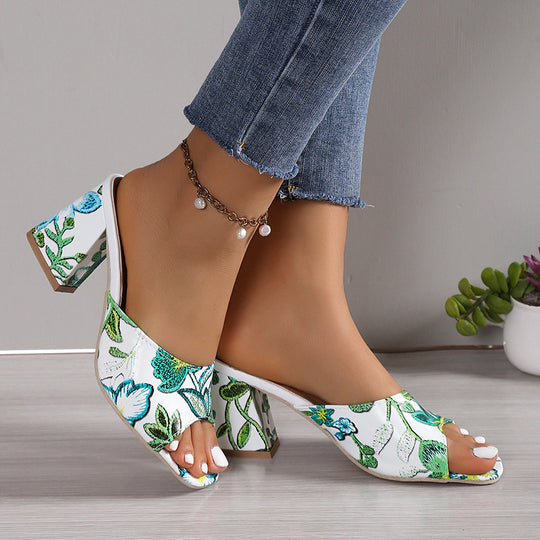 Damen Offene Riemchen-Sandaletten mit floralen Applikationen und modischem Blockabsatz R&B