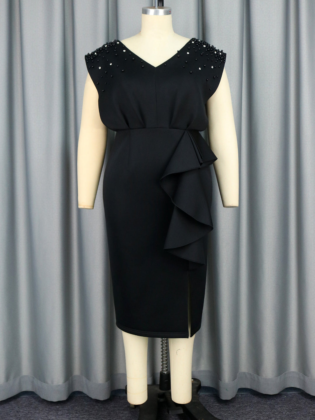 Damen elegantes Wickelkleid mit schimmernden Perlen und asymmetrischem Rüschensaum R&B