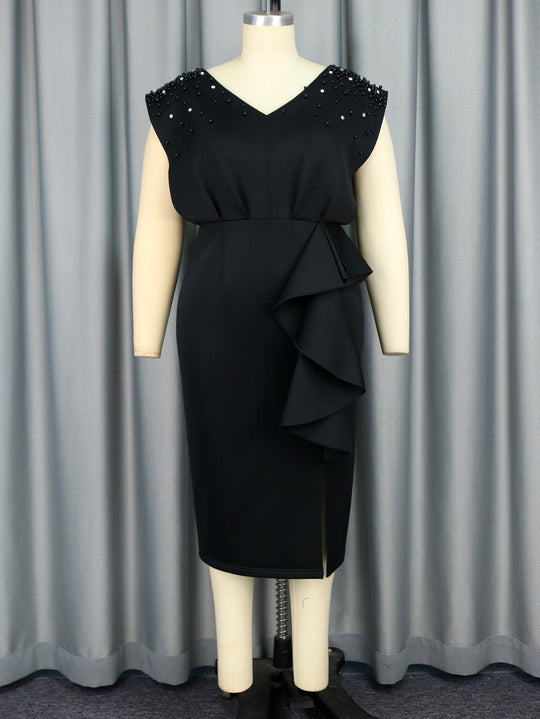 Damen elegantes Wickelkleid mit schimmernden Perlen und asymmetrischem Rüschensaum R&B