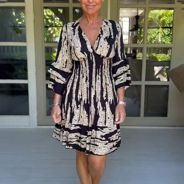 Damen lässiges Strandkleid mit V-Ausschnitt und weitem Rock R&B