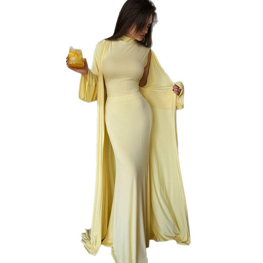 Damen elegantes Maxikleid mit weitem Cape und langen Ärmeln R&B