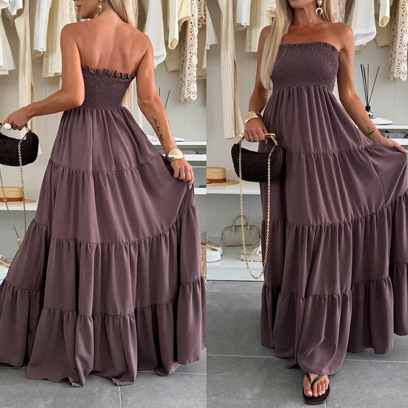 Damen Maxi-Kleid mit Smocked-Oberteil und voluminösen Rüschen R&B