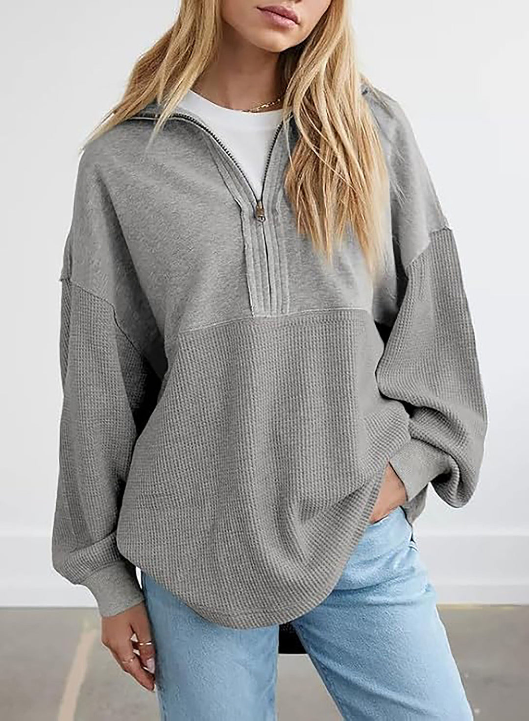 Damen lässiger Kapuzenpullover mit halblangem Reißverschluss und strukturiertem Material R&B
