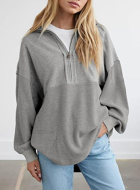 Damen lässiger Kapuzenpullover mit halblangem Reißverschluss und strukturiertem Material R&B