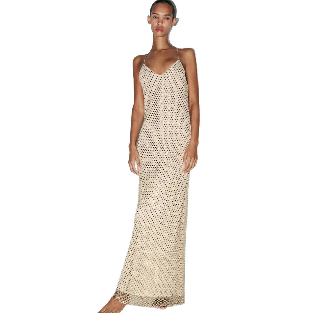 Damen Elegantes Maxikleid mit raffinierten Netzdetails und schmalen Spaghettiträgern R&B