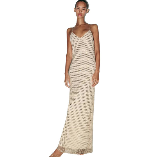 Damen Elegantes Maxikleid mit raffinierten Netzdetails und schmalen Spaghettiträgern R&B