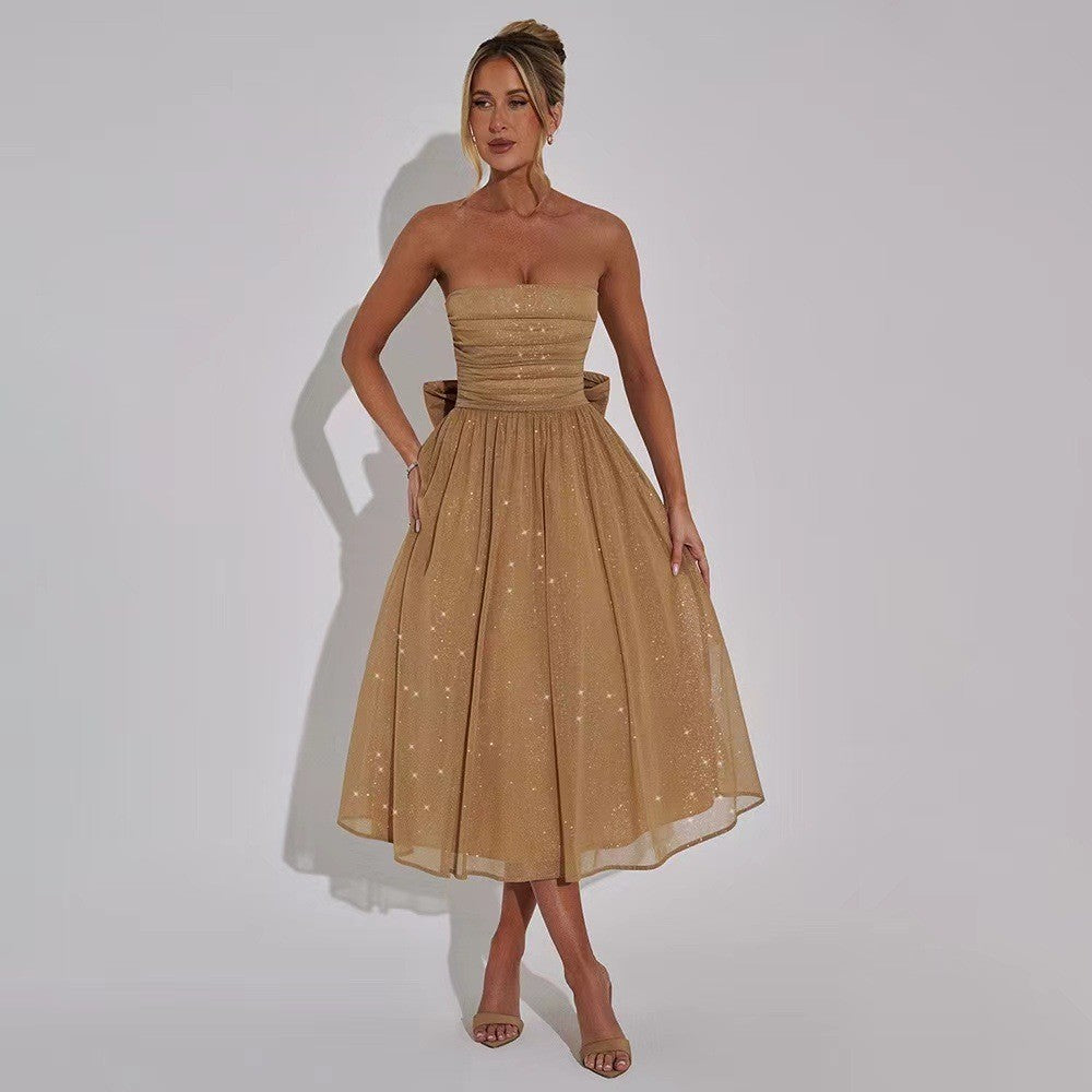 Damen Hochzeitskleid mit schimmerndem Taillenband und plissiertem Rock R&B