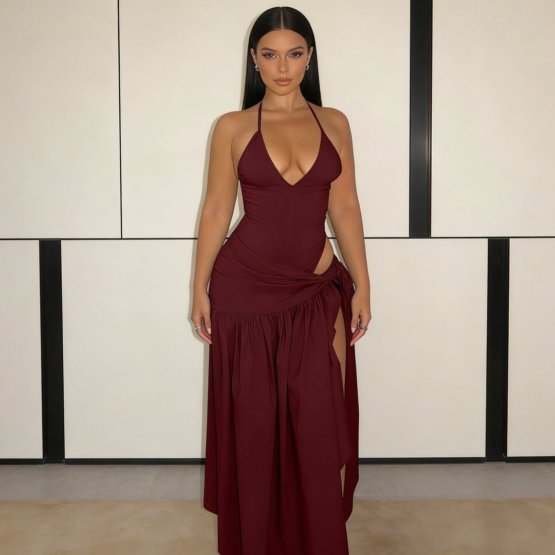 Damen Elegantes Bodenkleid mit Wickeldesign und Raffungen R&B