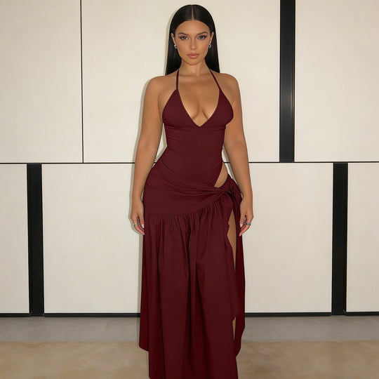 Damen Elegantes Bodenkleid mit Wickeldesign und Raffungen R&B