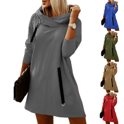 Damen modisches Sweatkleid mit großzügigem Kragen und Taschen R&B