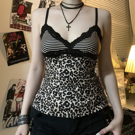 Damen Spaghetti-Trägertop mit elegantem Spitzenbesatz und modernem Leopardenmuster R&B