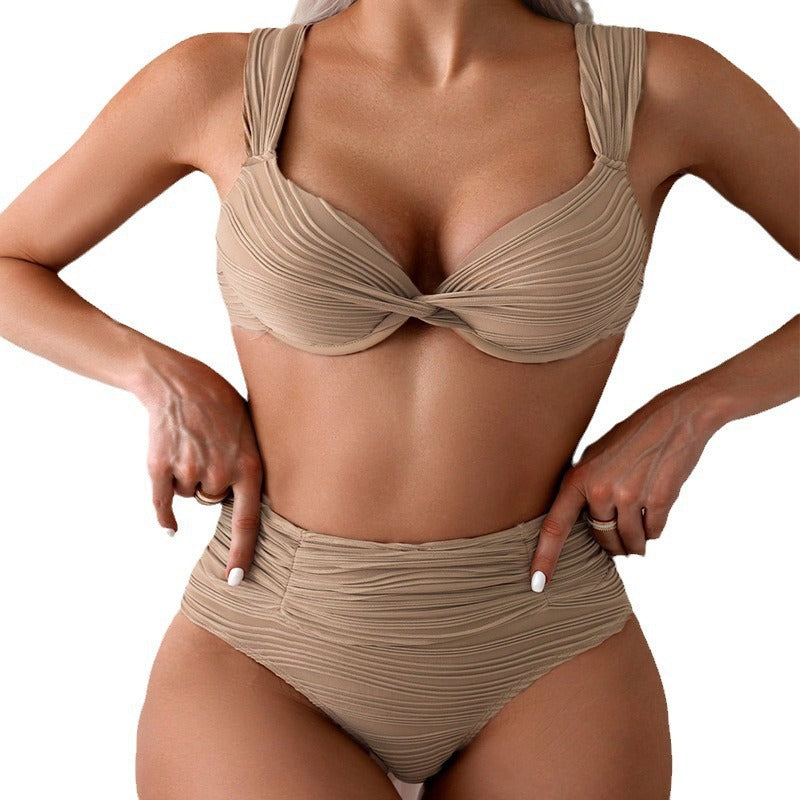 Damen Hochtaillierter Bikini mit strukturierter Haptik und breiten Trägern R&B