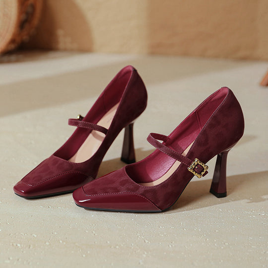 Damen elegante Mary Jane Pumps mit charakteristischem Blockabsatz und dekorativem Riemen R&B