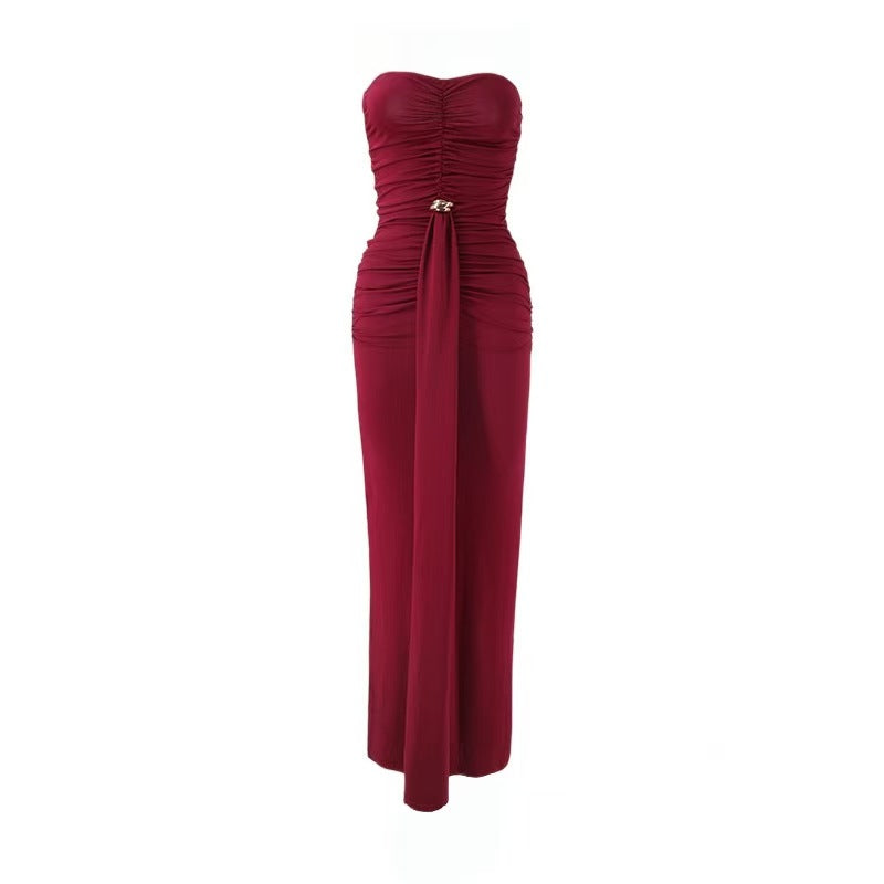 Damen Elegantes Drapeekleid mit schulterfreiem Design und kunstvollem Bund R&B