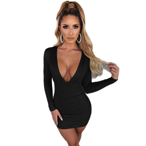 Damen figurbetontes Kleid mit tiefem V-Ausschnitt und langen Ärmeln R&B