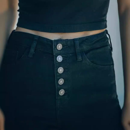 Damen Hochtaillierte Skinny Jeans mit knöpfbarem Bund und figurbetontem Schnitt R&B