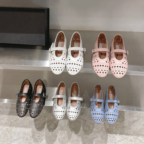 Damen elegante Ballerinas im modischen Lochdesign mit verstellbarem Riemen R&B