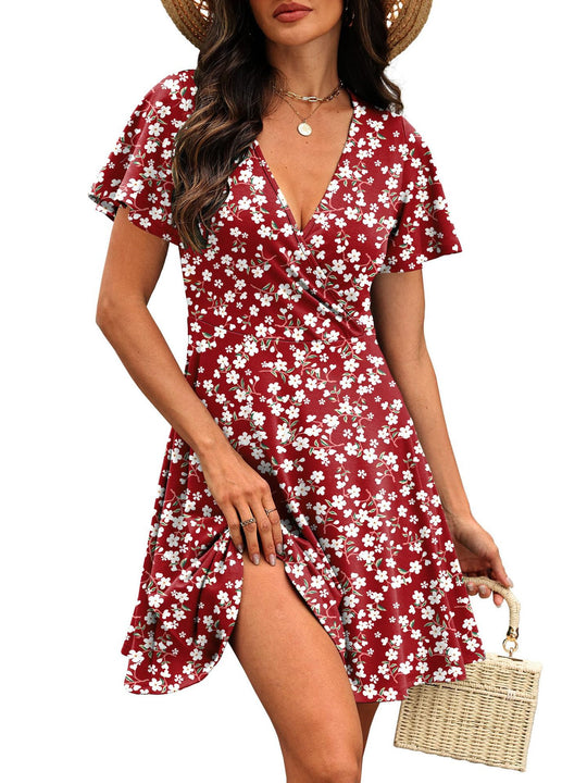 Damen Kurzärmeliges Wickelkleid mit floralen Mustern und V-Ausschnitt R&B