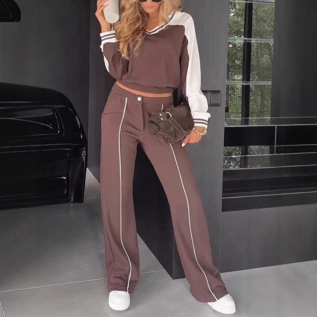 Damen nan sportlich-elegantes Zweiteiler-Set aus Baumwollmix mit V-Ausschnitt Sweatpullover und hochgeschnittener Schlaghose R&B