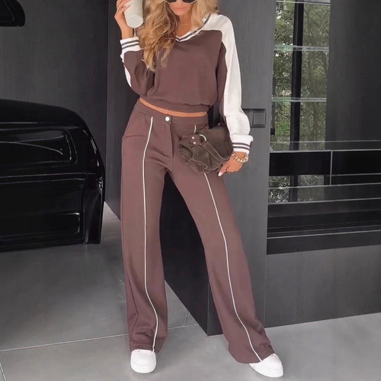 Damen nan sportlich-elegantes Zweiteiler-Set aus Baumwollmix mit V-Ausschnitt Sweatpullover und hochgeschnittener Schlaghose R&B