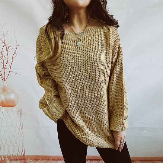 Damen lässiger Strickpullover mit weitem Schnitt und offenem Rückendesign R&B