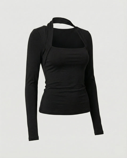 Enganliegendes Damen Langarmshirt Schwarz Herbst Slim Fit T-Shirt Oberteil