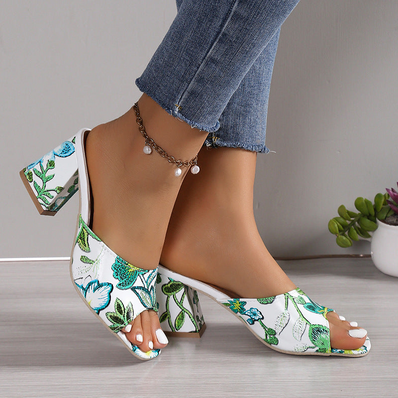 Damen Offene Mules mit floralem Design und komfortablem Blockabsatz R&B