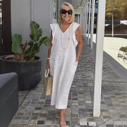 Damen Maxikleid mit V-Ausschnitt und angeschnittenem Ärmel R&B