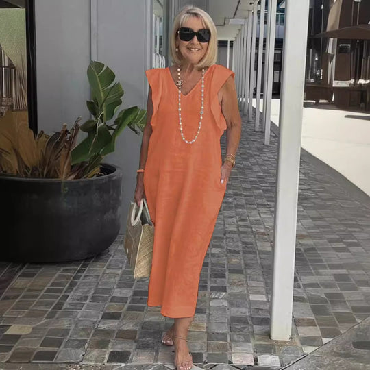 Damen Maxikleid mit V-Ausschnitt und angeschnittenem Ärmel R&B