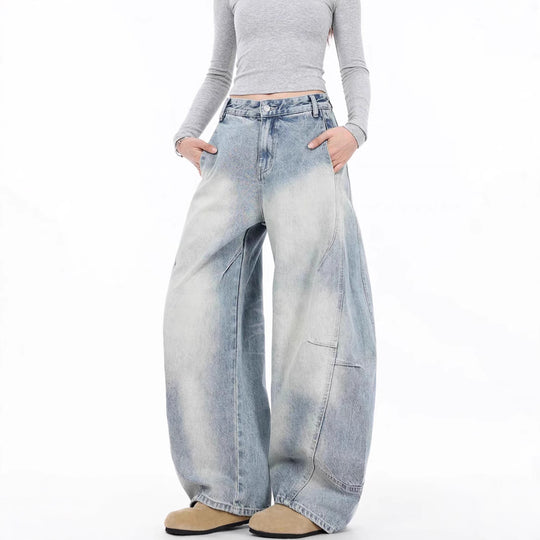 Damen Oversized Denim-Jeans mit weitem Beinschnitt und einzigartigem Waschungseffekt R&B