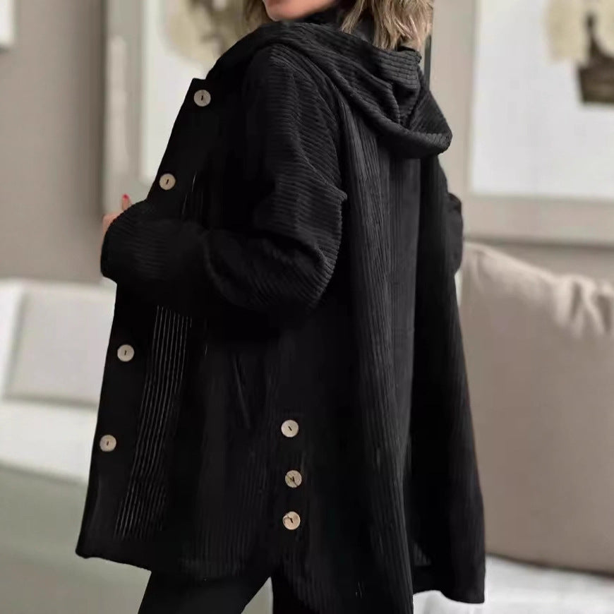 Damen Lässige cordjacke mit Kapuze und großen Knöpfen R&B
