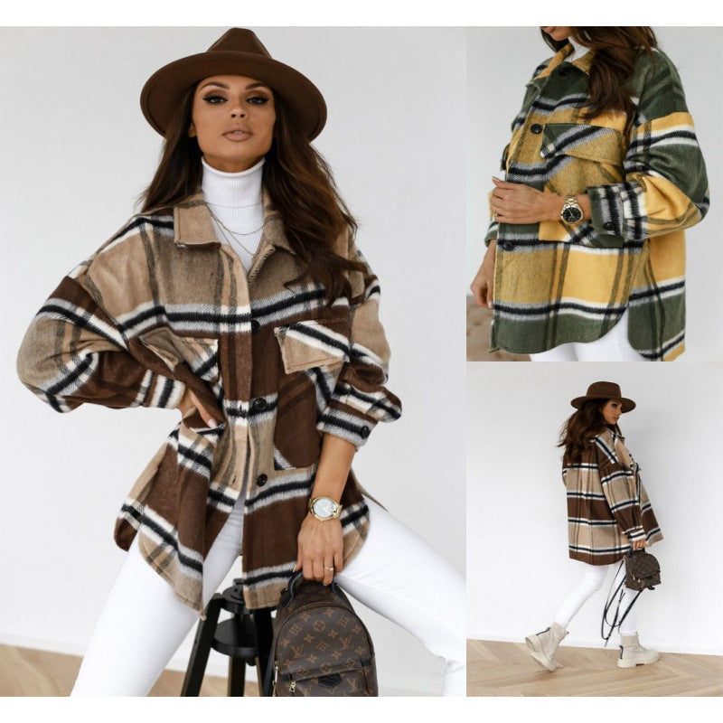 Damen Oversized Flanelljacke mit Karomuster und Taschen R&B