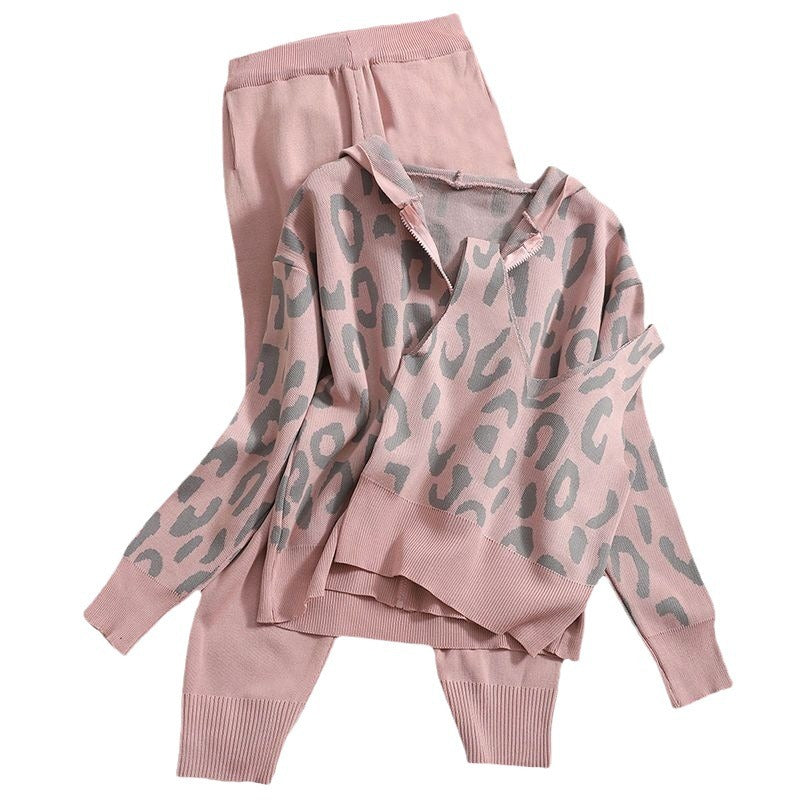Damen lässiges Hoodie- und Jogginganzug-Set mit Leopardenmuster R&B