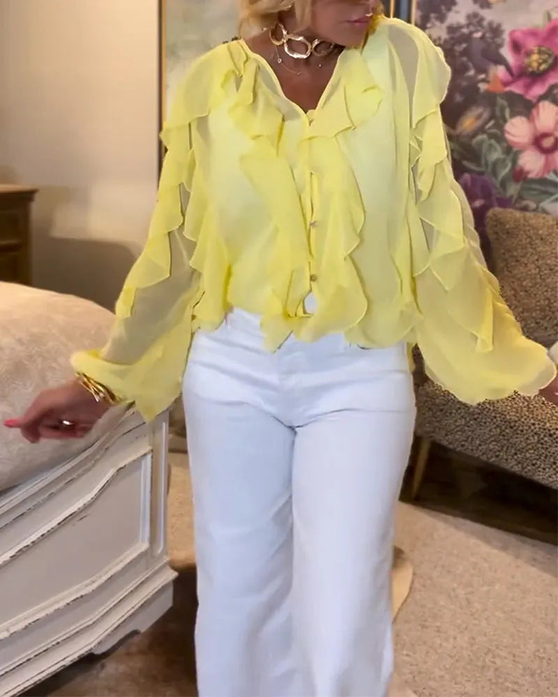 Damen nan semitransparente Lagenvolant-Bluse aus Chiffon mit Ballonärmeln und verdeckter Knopfleiste R&B
