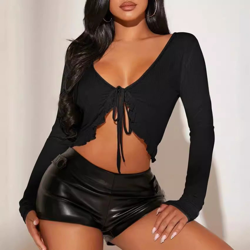 Damen kurzärmeliges Crop-Top mit verspieltem Kordelzug und Rüschendetails R&B