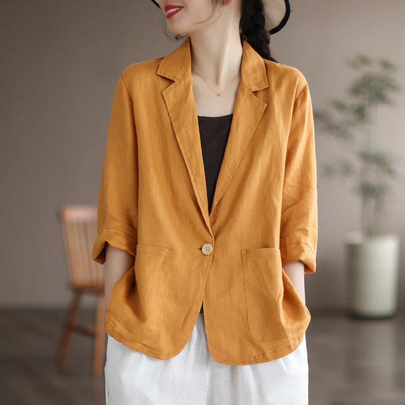 Damen Lässiger Leinenblazer mit breiten Ärmeln und Knopfverschluss R&B